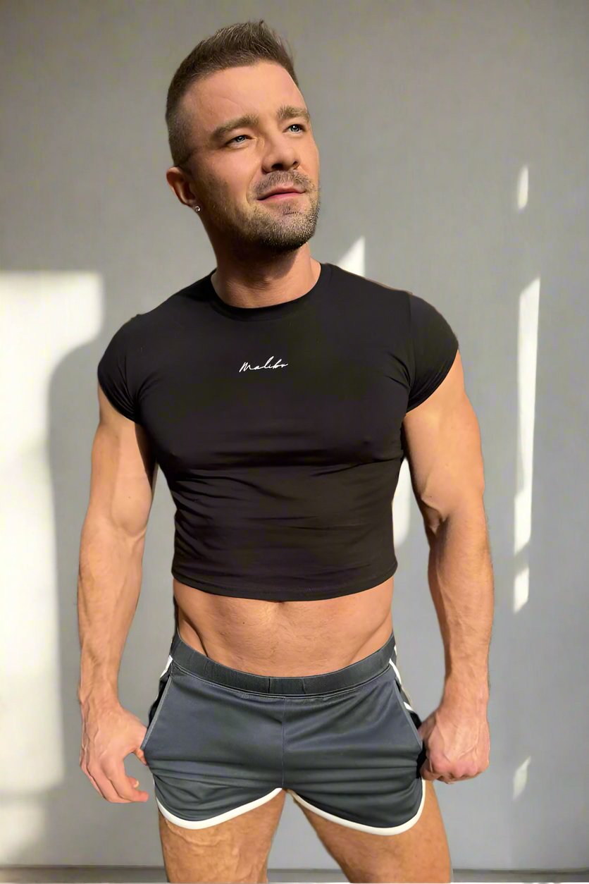 Muscle-Fit Crop Half-Sleeve Tee - Black