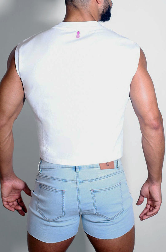 Escapism Muscle-Fit Crop Tank - White & Purple Logo